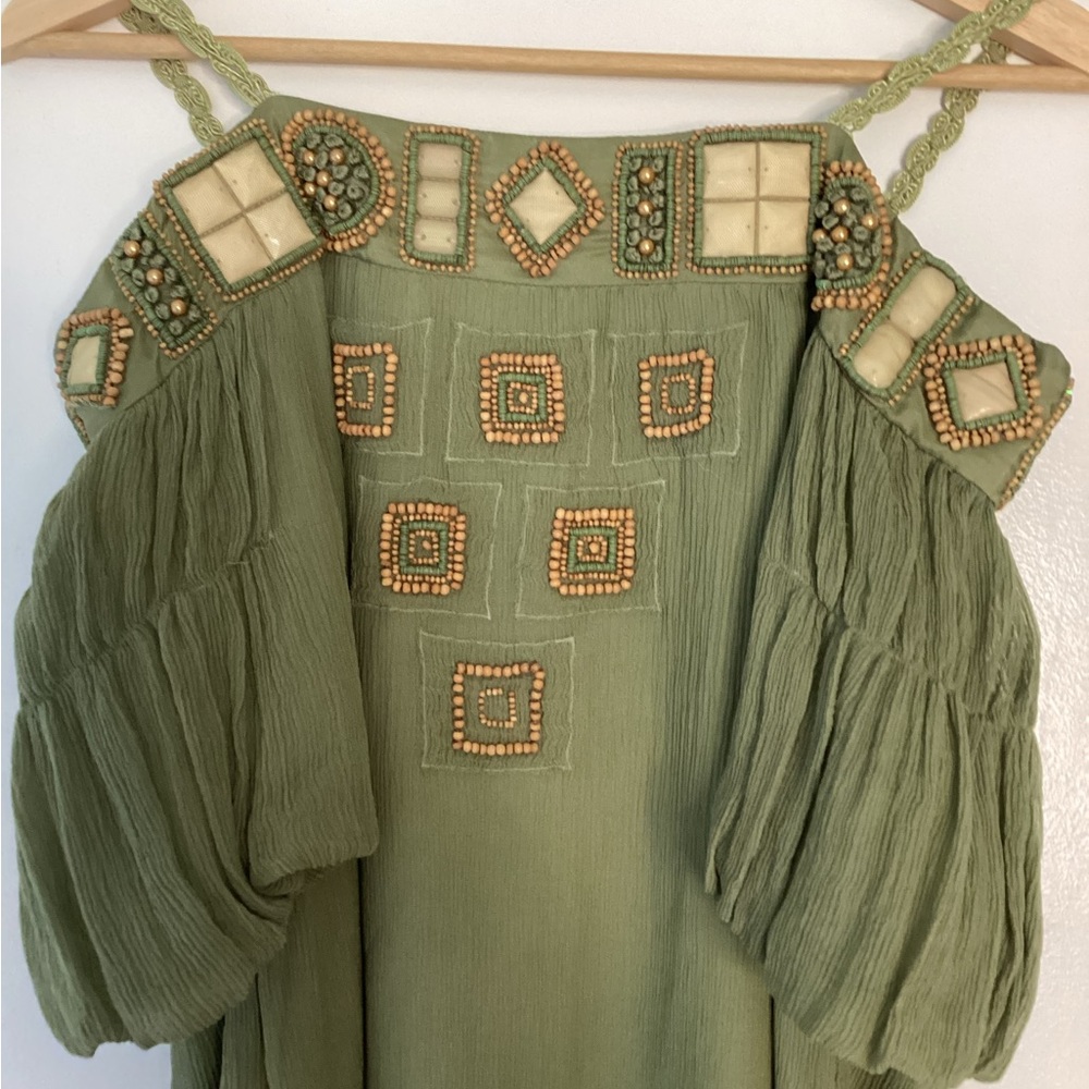 Vintage Style Gold Hawk Green Pleated Cold Shoulder Sundress S - Picture 2 of 11